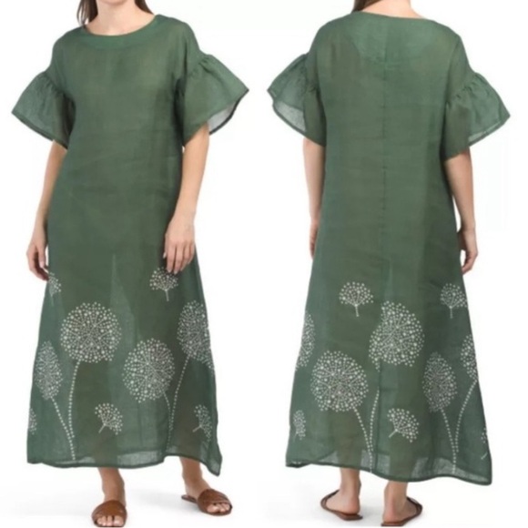 Green Flutter Sleeve Maxi Dress with Crew Neck100l%Linen - Picture 1 of 4